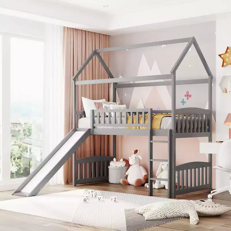 Twin House Loft Bed with Slide – Wood Playhouse Bed Frame with Ladder & Roof