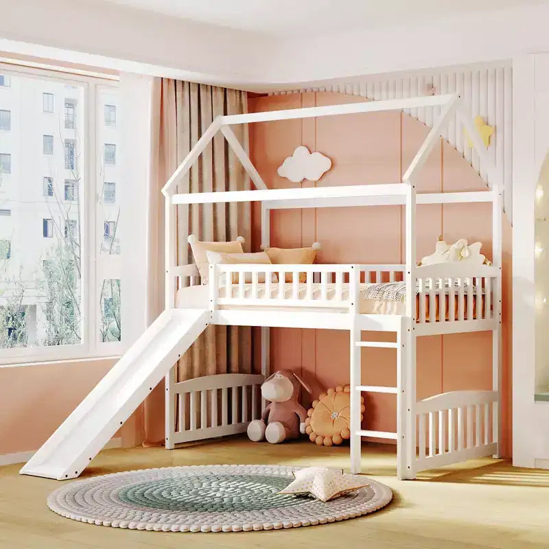 Twin House Loft Bed with Slide – Wood Playhouse Bed Frame with Ladder & Roof