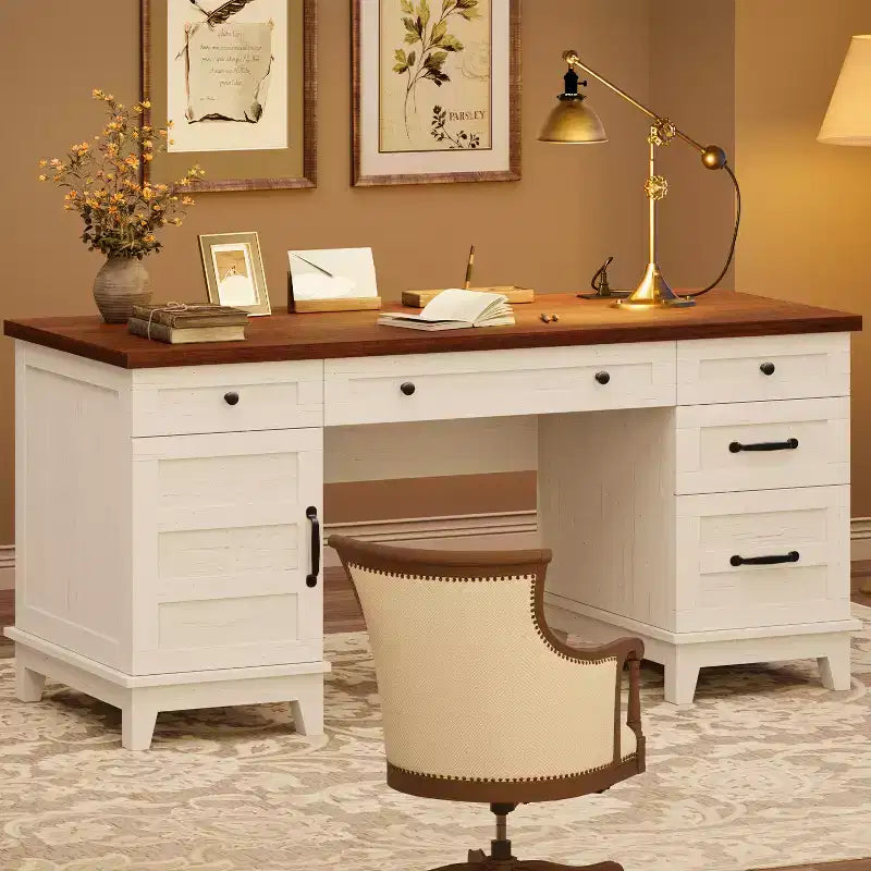 60" Farmhouse Executive Desk with Drawers, Charging Station & File Cabinet Storage