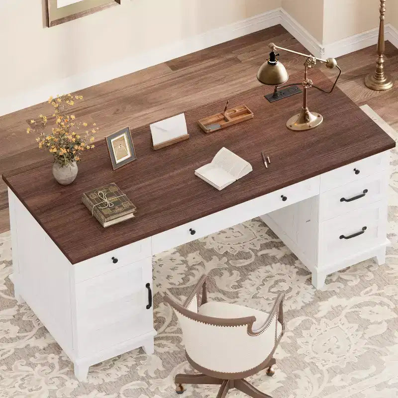 60" Farmhouse Executive Desk with Drawers, Charging Station & File Cabinet Storage