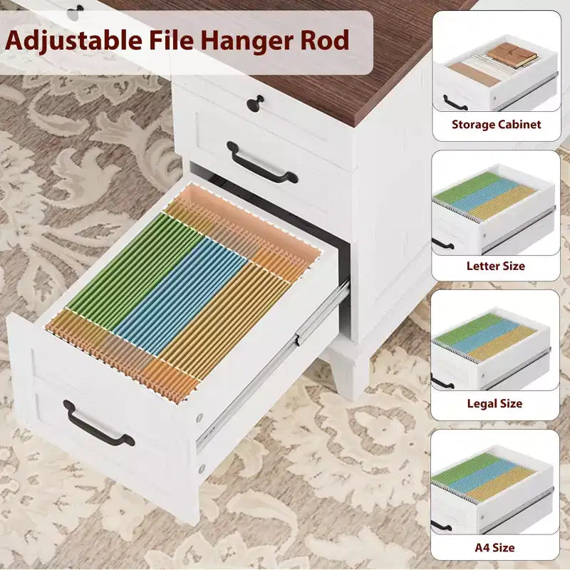 60" Farmhouse Executive Desk with Drawers, Charging Station & File Cabinet Storage