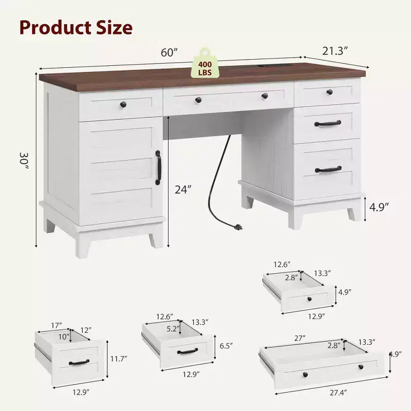 60" Farmhouse Executive Desk with Drawers, Charging Station & File Cabinet Storage
