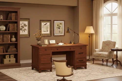 60" Farmhouse Executive Desk with Drawers, Charging Station & File Cabinet Storage