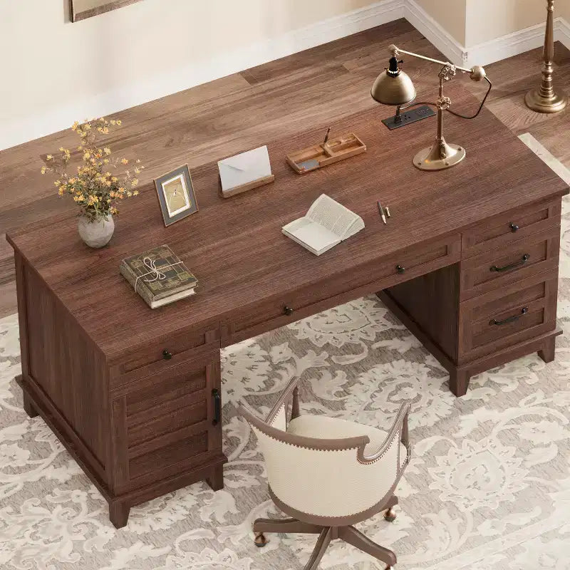 60" Farmhouse Executive Desk with Drawers, Charging Station & File Cabinet Storage