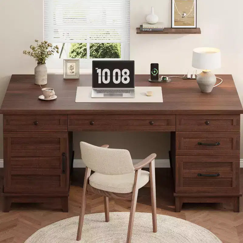 60" Farmhouse Executive Desk with Drawers, Charging Station & File Cabinet Storage