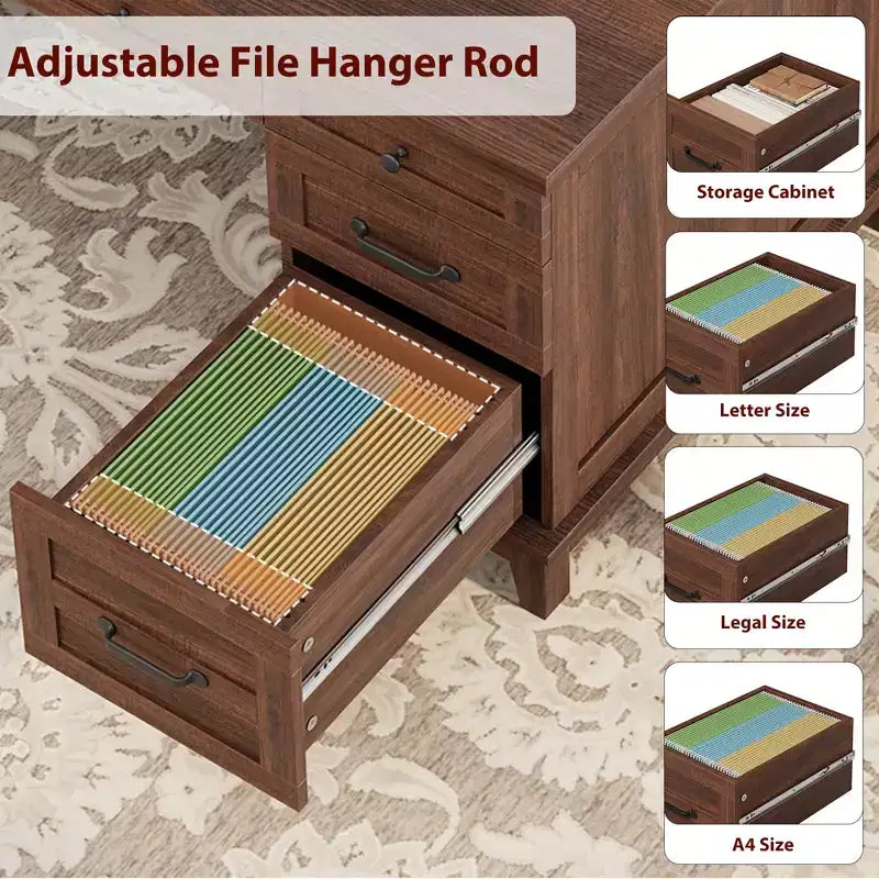 60" Farmhouse Executive Desk with Drawers, Charging Station & File Cabinet Storage