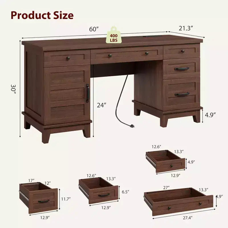 60" Farmhouse Executive Desk with Drawers, Charging Station & File Cabinet Storage