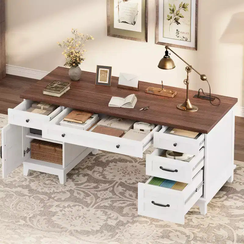 60" Farmhouse Executive Desk with Drawers, Charging Station & File Cabinet Storage
