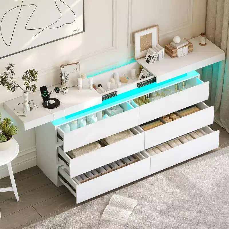 Modern 6-Drawer Dressing Table with Sliding Top – Bedroom & Closet Organizer