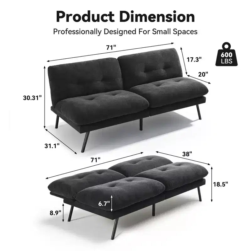 72" Convertible Futon Sofa Bed – Terry Cloth Couch, Adjustable Backrest & Washable Covers