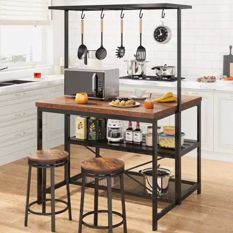 42/47" Kitchen Island with Storage & Seating – 3-Tier Baker's Rack, Microwave Stand, Dining Table for 4