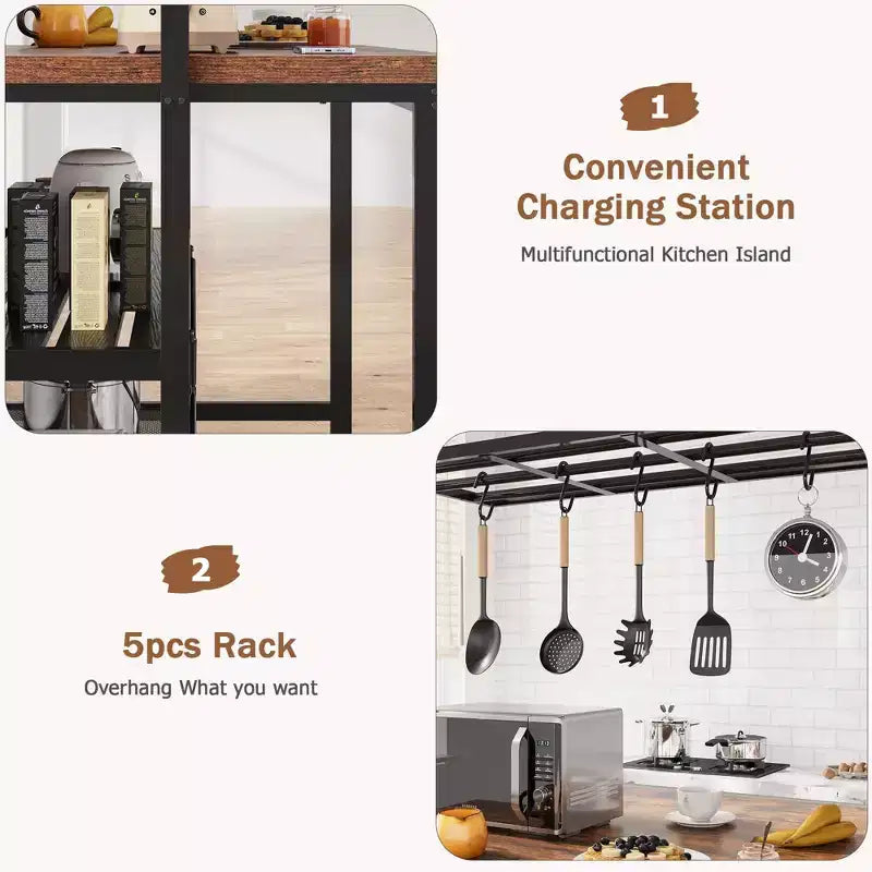 42/47" Kitchen Island with Storage & Seating – 3-Tier Baker's Rack, Microwave Stand, Dining Table for 4