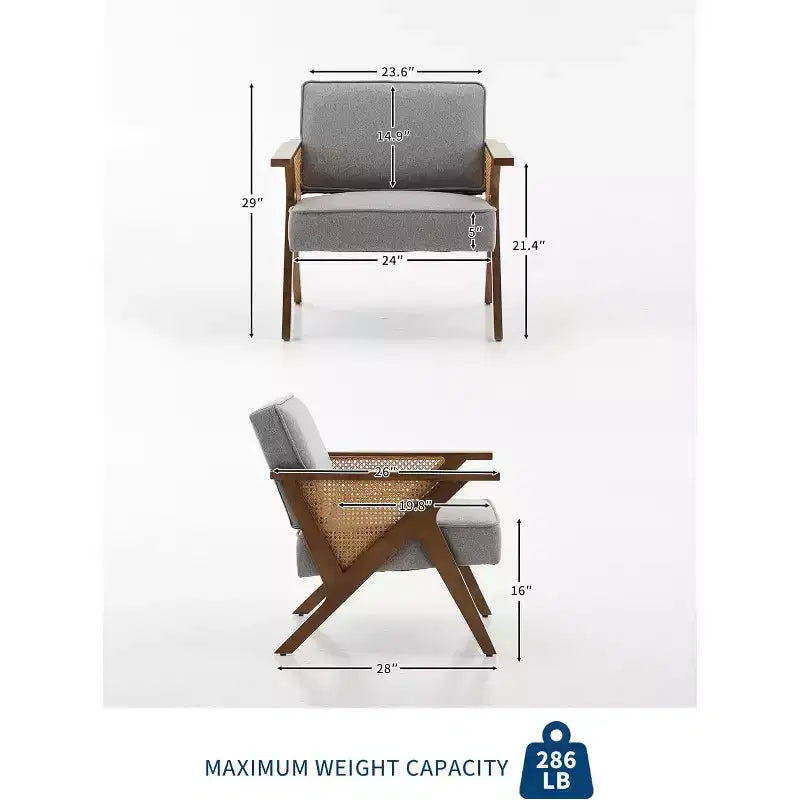Mid-Century Rattan Lounge Chair – Linen Upholstered Vintage Armchair, Solid Wood Frame, 286LB, Beige/Gray