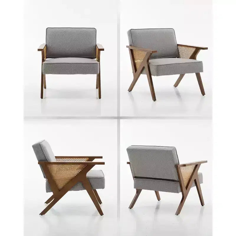 Mid-Century Rattan Lounge Chair – Linen Upholstered Vintage Armchair, Solid Wood Frame, 286LB, Beige/Gray