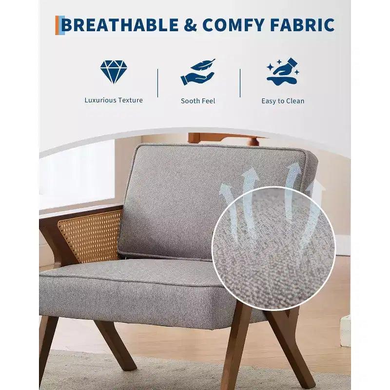 Mid-Century Rattan Lounge Chair – Linen Upholstered Vintage Armchair, Solid Wood Frame, 286LB, Beige/Gray