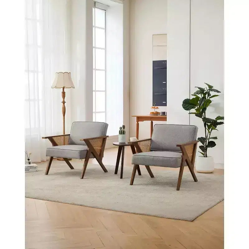 Mid-Century Rattan Lounge Chair – Linen Upholstered Vintage Armchair, Solid Wood Frame, 286LB, Beige/Gray