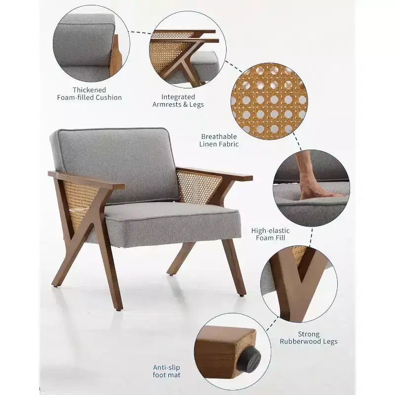 Mid-Century Rattan Lounge Chair – Linen Upholstered Vintage Armchair, Solid Wood Frame, 286LB, Beige/Gray