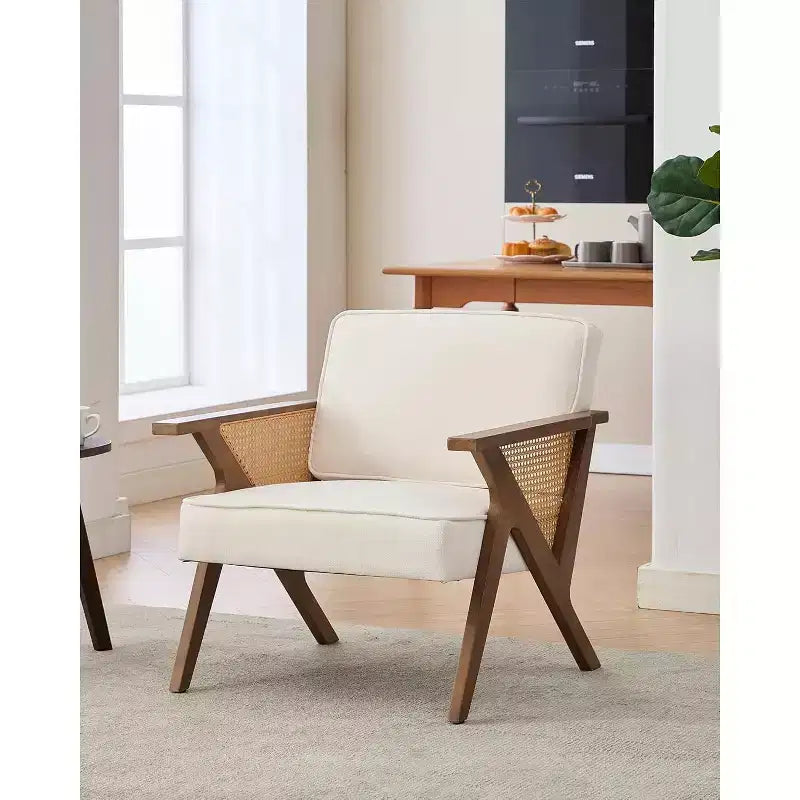 Mid-Century Rattan Lounge Chair – Linen Upholstered Vintage Armchair, Solid Wood Frame, 286LB, Beige/Gray