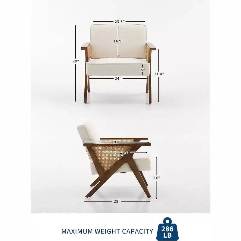 Mid-Century Rattan Lounge Chair – Linen Upholstered Vintage Armchair, Solid Wood Frame, 286LB, Beige/Gray