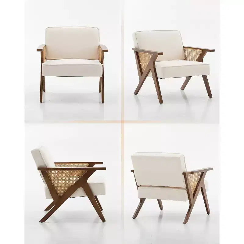 Mid-Century Rattan Lounge Chair – Linen Upholstered Vintage Armchair, Solid Wood Frame, 286LB, Beige/Gray