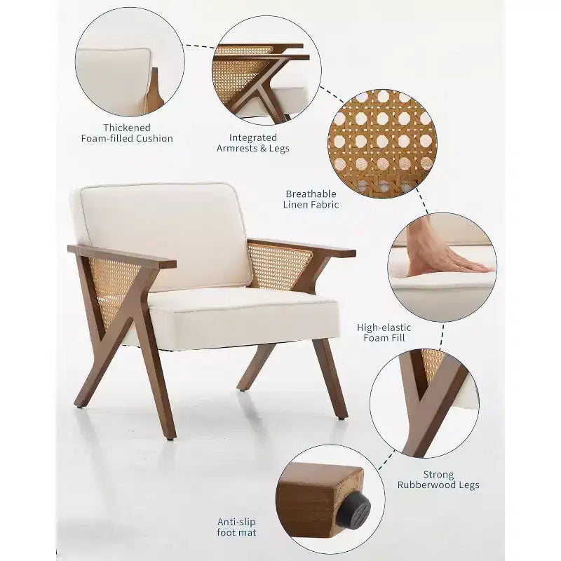 Mid-Century Rattan Lounge Chair – Linen Upholstered Vintage Armchair, Solid Wood Frame, 286LB, Beige/Gray