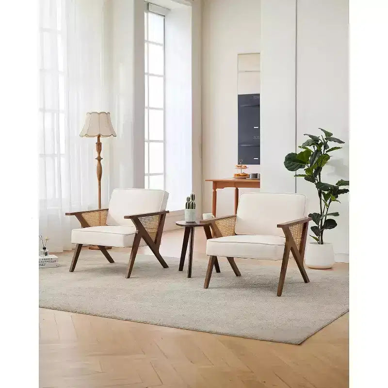 Mid-Century Rattan Lounge Chair – Linen Upholstered Vintage Armchair, Solid Wood Frame, 286LB, Beige/Gray