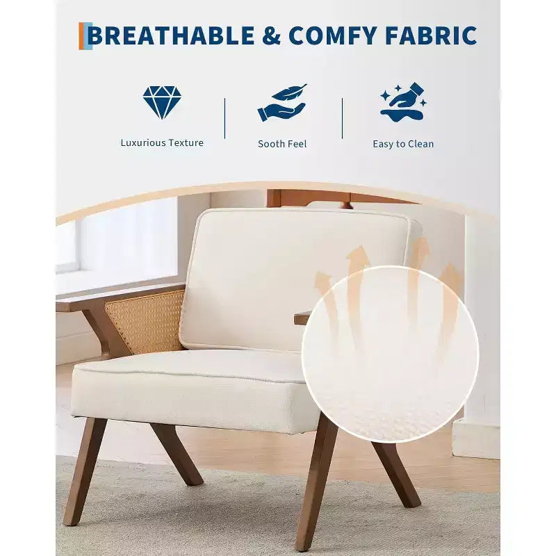 Mid-Century Rattan Lounge Chair – Linen Upholstered Vintage Armchair, Solid Wood Frame, 286LB, Beige/Gray