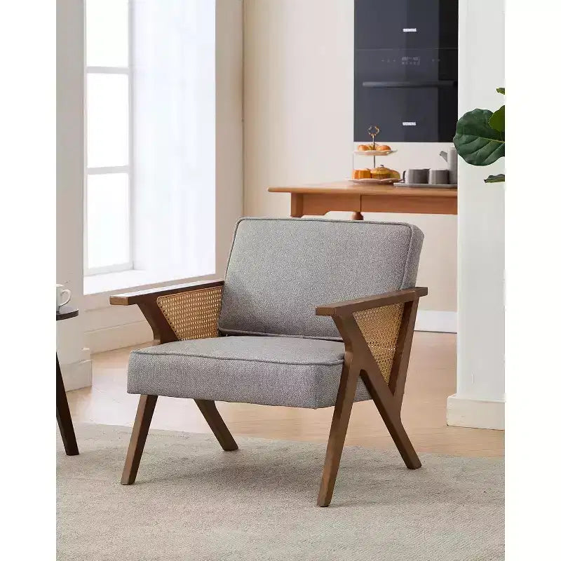 Mid-Century Rattan Lounge Chair – Linen Upholstered Vintage Armchair, Solid Wood Frame, 286LB, Beige/Gray