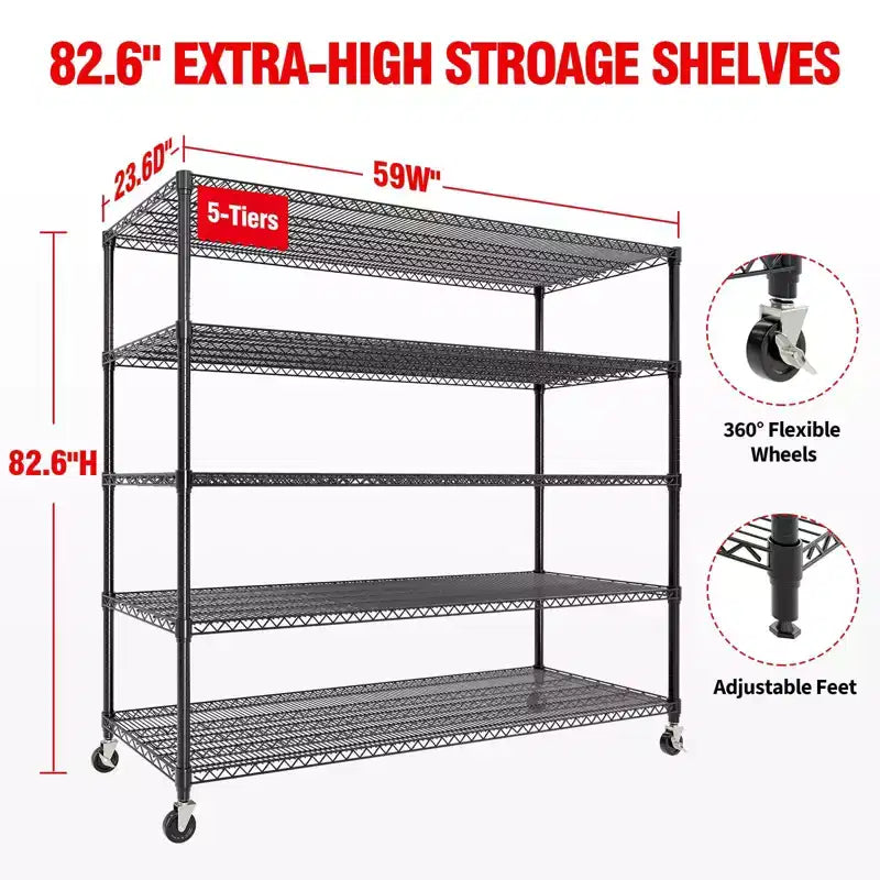 73" Heavy Duty 4-Tier Storage Shelving Unit – 2640LBS Capacity, Wheels & Feet, Garage & Pantry