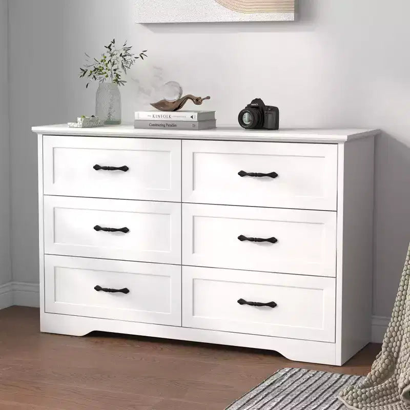6-Drawer Wooden Dresser with Metal Handles – Farmhouse Storage Chest for Bedroom & Living Room