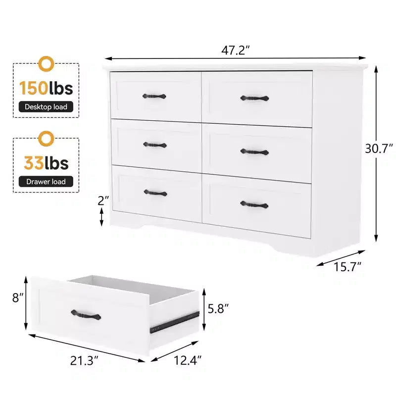 6-Drawer Wooden Dresser with Metal Handles – Farmhouse Storage Chest for Bedroom & Living Room