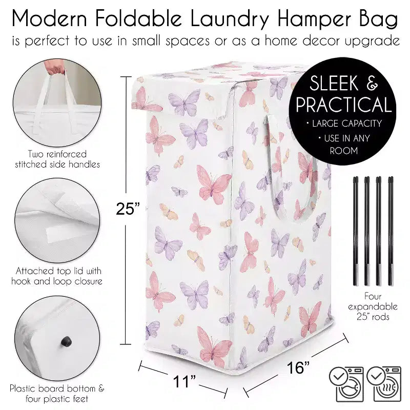 Girls Foldable Laundry Hamper with Handles – Butterfly Pink & Purple