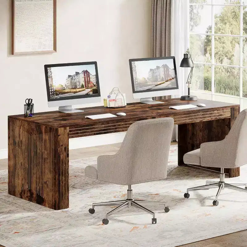 79" Extra Long Two-Person Double Desk – Wooden Computer Writing Table, Vintage Brown