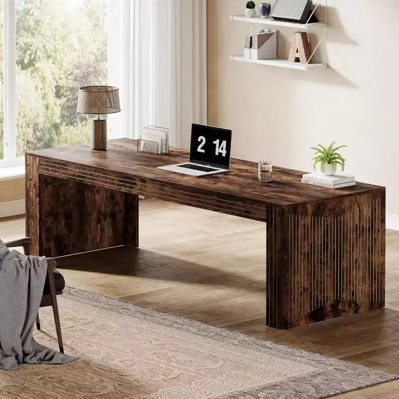 79" Extra Long Two-Person Double Desk – Wooden Computer Writing Table, Vintage Brown