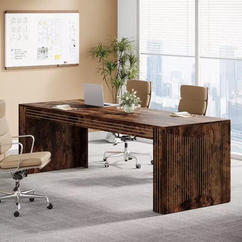 79" Extra Long Two-Person Double Desk – Wooden Computer Writing Table, Vintage Brown