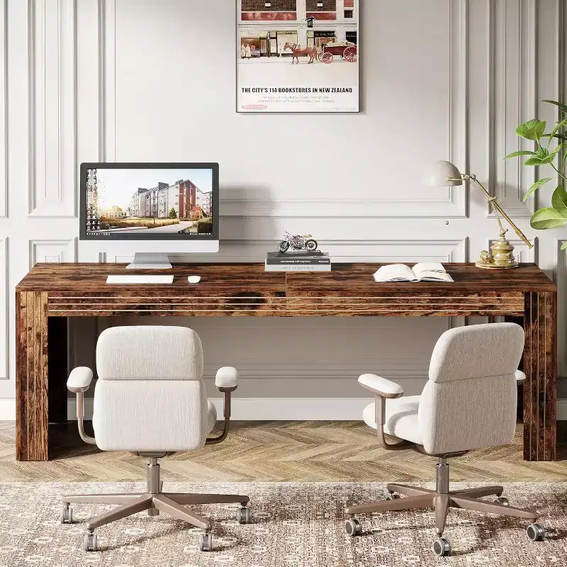 79" Extra Long Two-Person Double Desk – Wooden Computer Writing Table, Vintage Brown