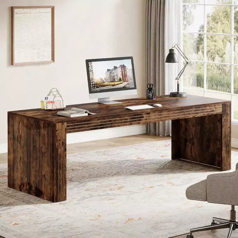 79" Extra Long Two-Person Double Desk – Wooden Computer Writing Table, Vintage Brown