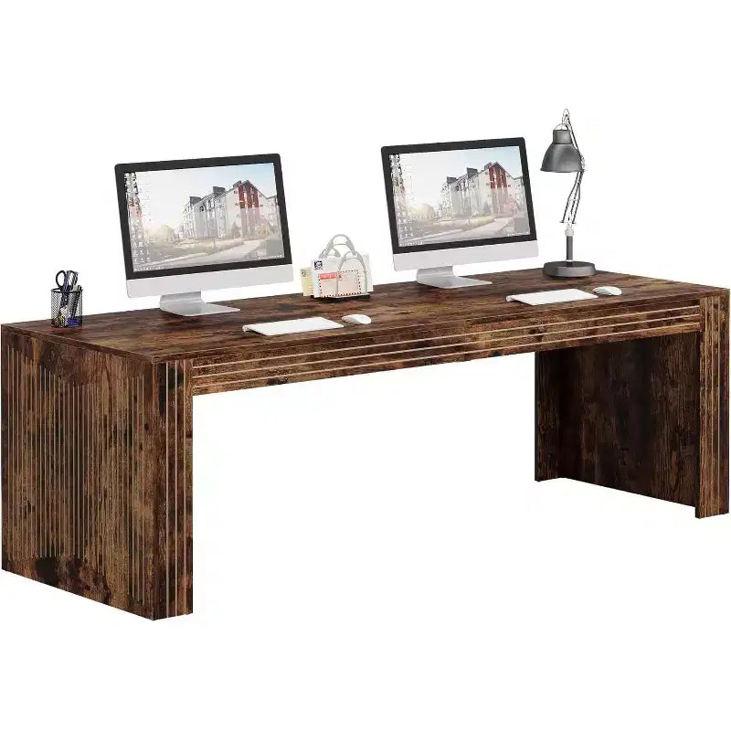 79" Extra Long Two-Person Double Desk – Wooden Computer Writing Table, Vintage Brown