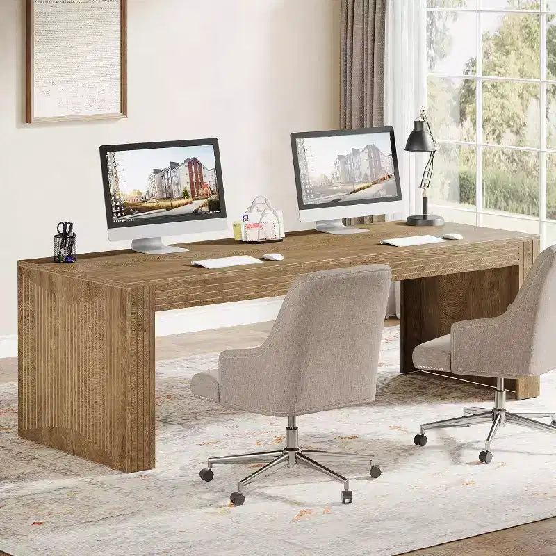 79" Extra Long Two-Person Double Desk – Wooden Computer Writing Table, Vintage Brown