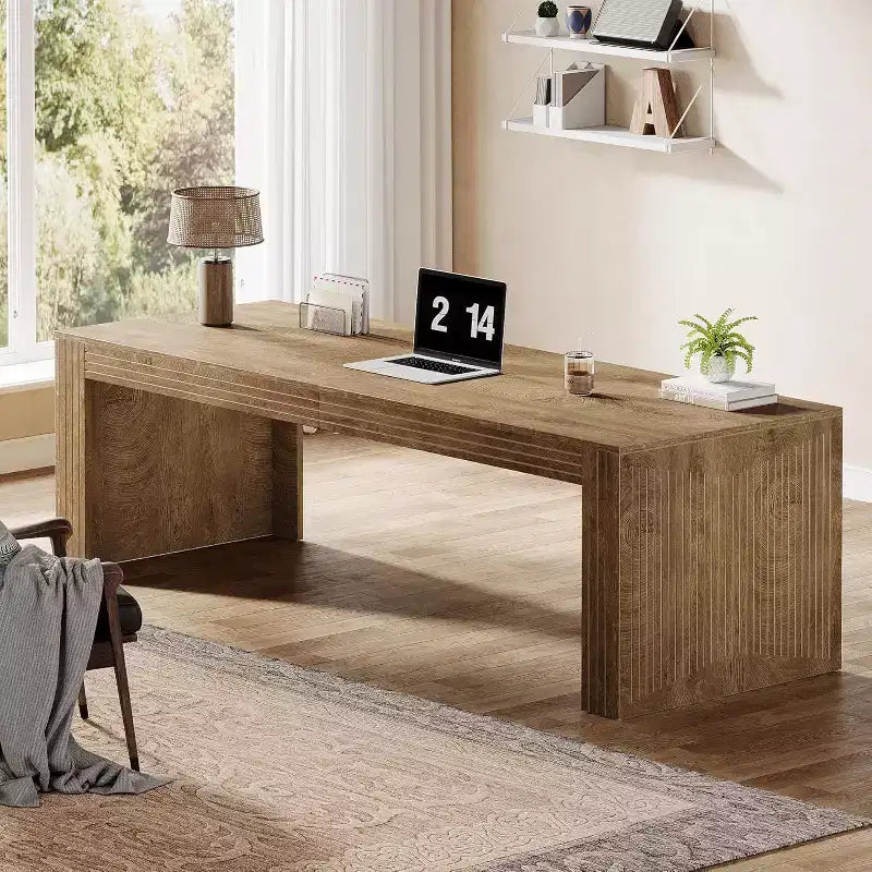 79" Extra Long Two-Person Double Desk – Wooden Computer Writing Table, Vintage Brown