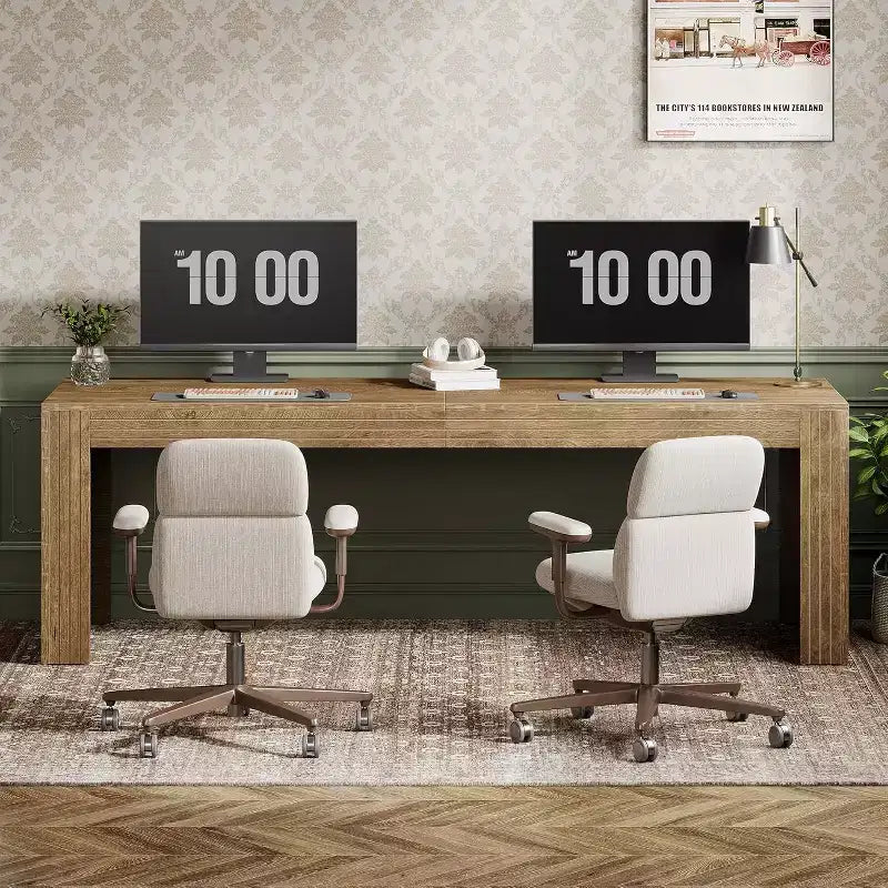 79" Extra Long Two-Person Double Desk – Wooden Computer Writing Table, Vintage Brown
