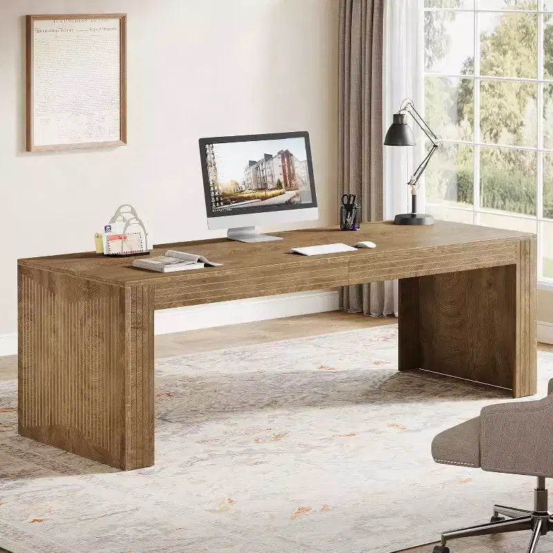 79" Extra Long Two-Person Double Desk – Wooden Computer Writing Table, Vintage Brown