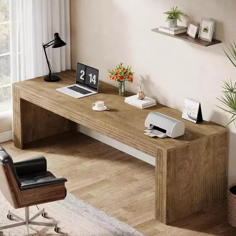 79" Extra Long Two-Person Double Desk – Wooden Computer Writing Table, Vintage Brown