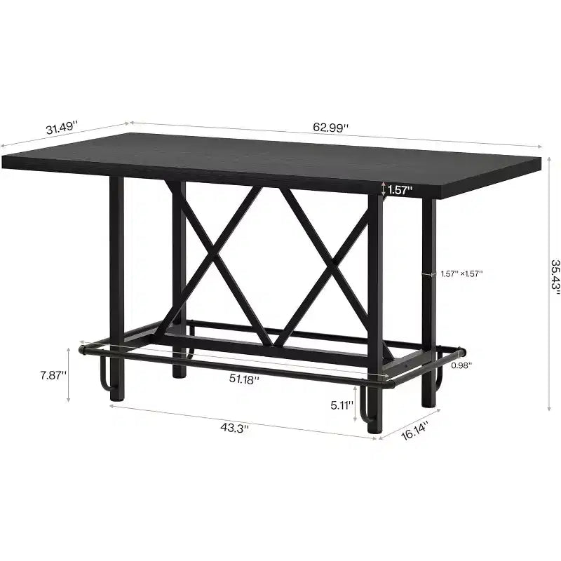 63" Industrial Counter Height Bar Table – Pub Table with Metal Footrest, Black