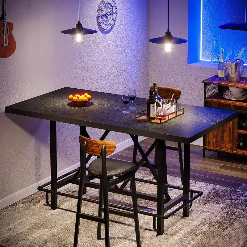 63" Industrial Counter Height Bar Table – Pub Table with Metal Footrest, Black
