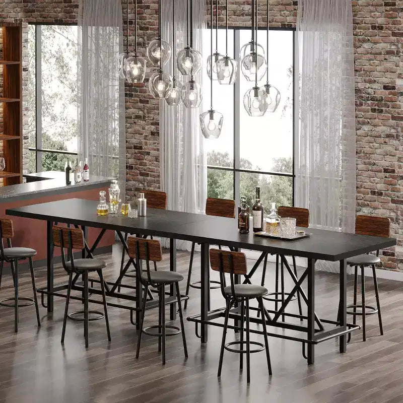 63" Industrial Counter Height Bar Table – Pub Table with Metal Footrest, Black