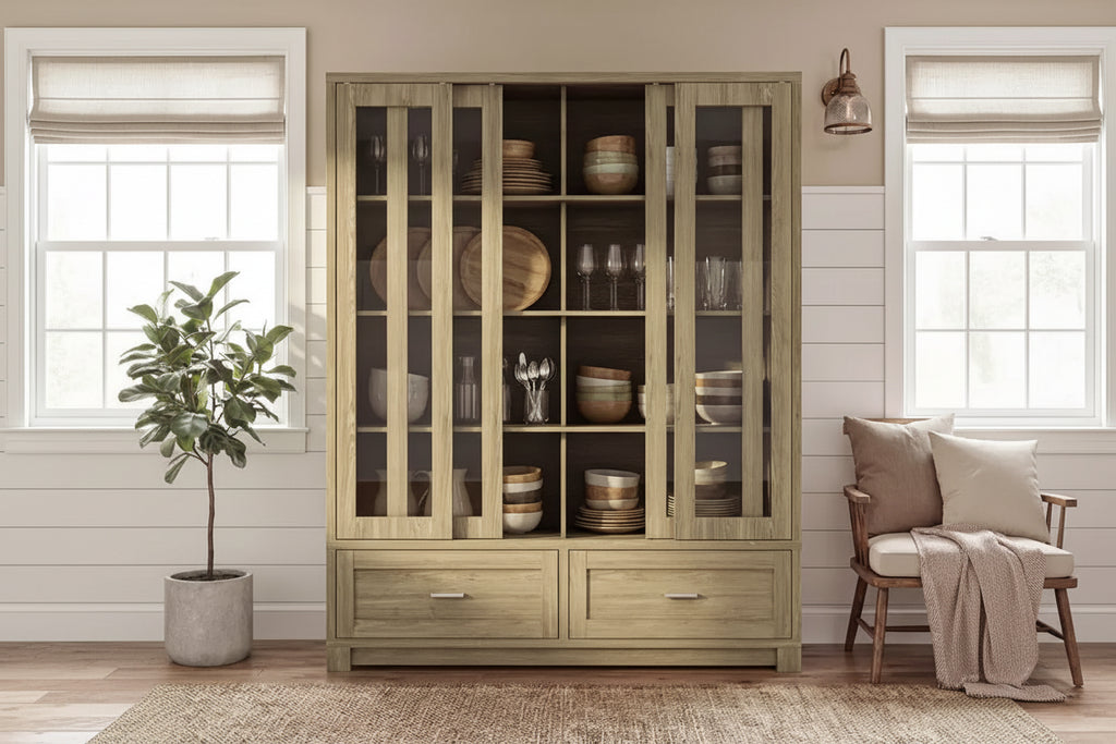 63" Rustic Oak Kitchen Pantry Cabinet – Sliding Glass Doors, 2 Large Drawers, Tall Storage Hutch