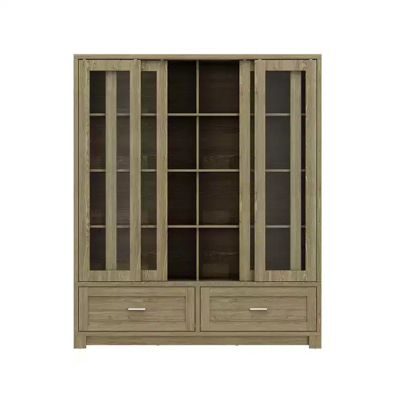 63" Rustic Oak Kitchen Pantry Cabinet – Sliding Glass Doors, 2 Large Drawers, Tall Storage Hutch