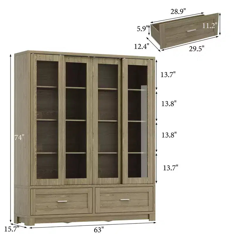 63" Rustic Oak Kitchen Pantry Cabinet – Sliding Glass Doors, 2 Large Drawers, Tall Storage Hutch