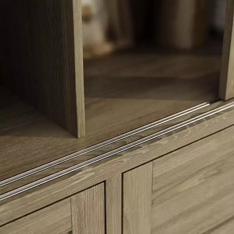 63" Rustic Oak Kitchen Pantry Cabinet – Sliding Glass Doors, 2 Large Drawers, Tall Storage Hutch